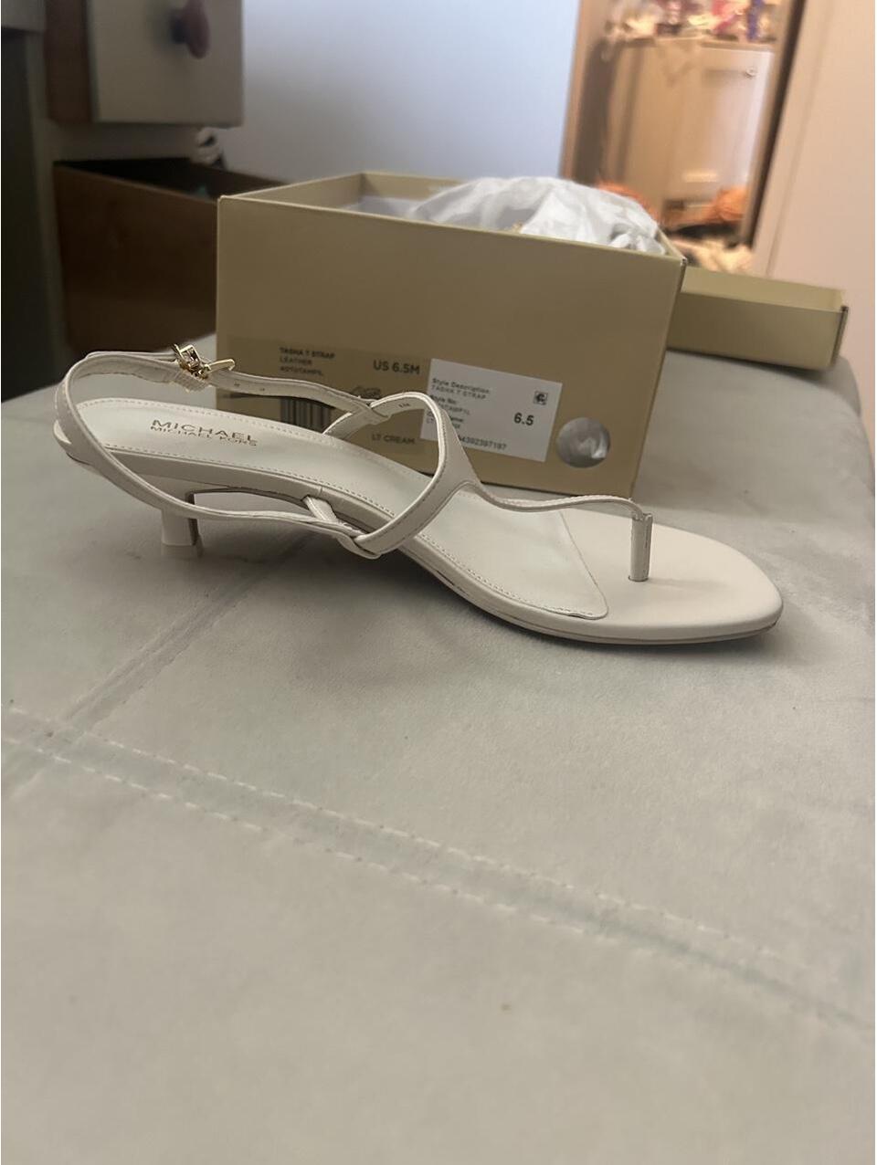 Michael Michael Khors White Leather Tasha T Strap Kitten Heel Sandals In Us 6.5 — image 5 of 8